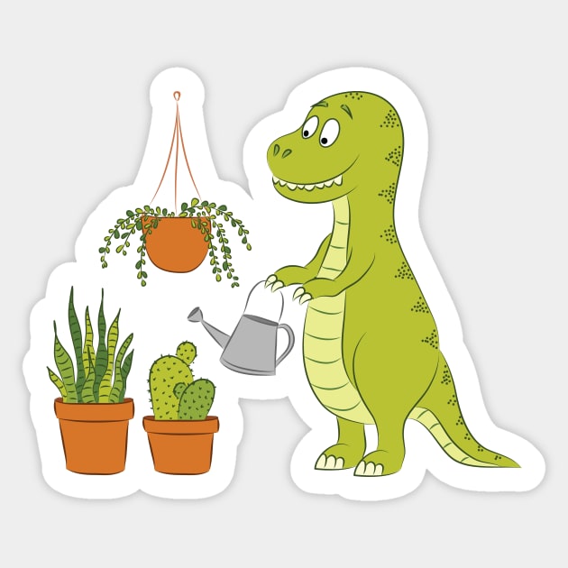 Cute dino watering his houseplants Sticker by sziszigraphics